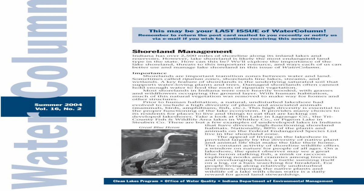 Shoreland Management - Indiana Clean Lakes Program · Summer 2004 Vol ...