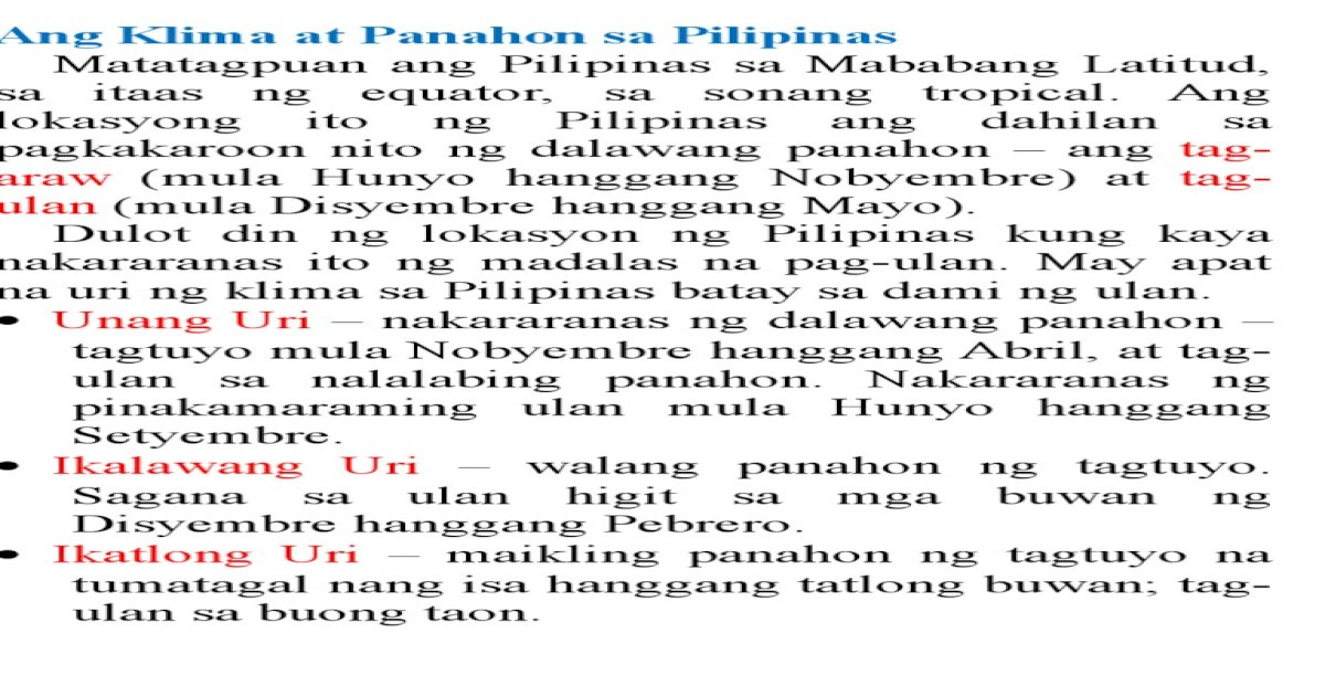 Apat Na Uri Ng Klima Sa Pilipinas Batay Sa Dami Ng Ulan - [PDF Document]