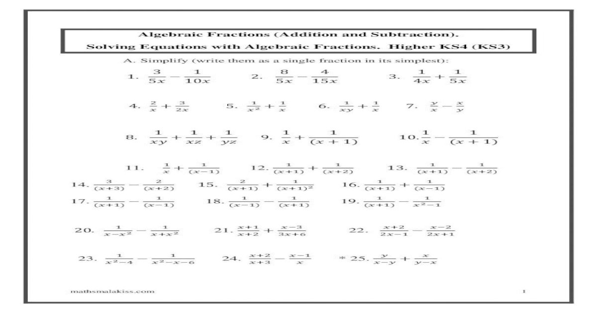 Algebraic Fractions (Addition and Subtraction). Solving ...